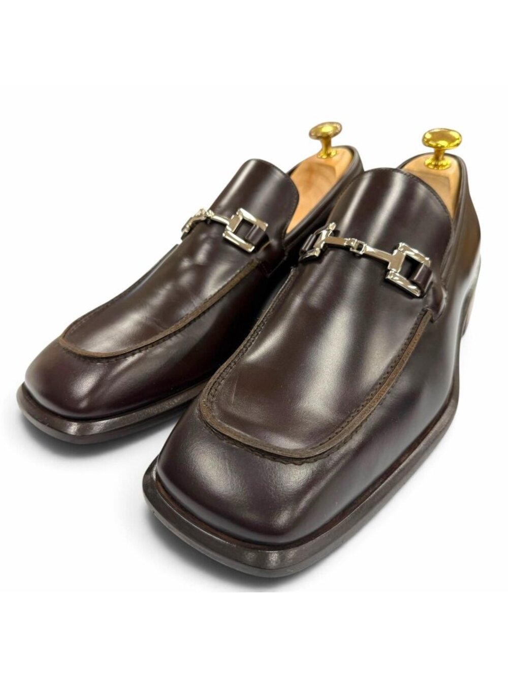 Gucci Horsebit Square Toe Leather Shoes Loafers Dark Brown Silver IT